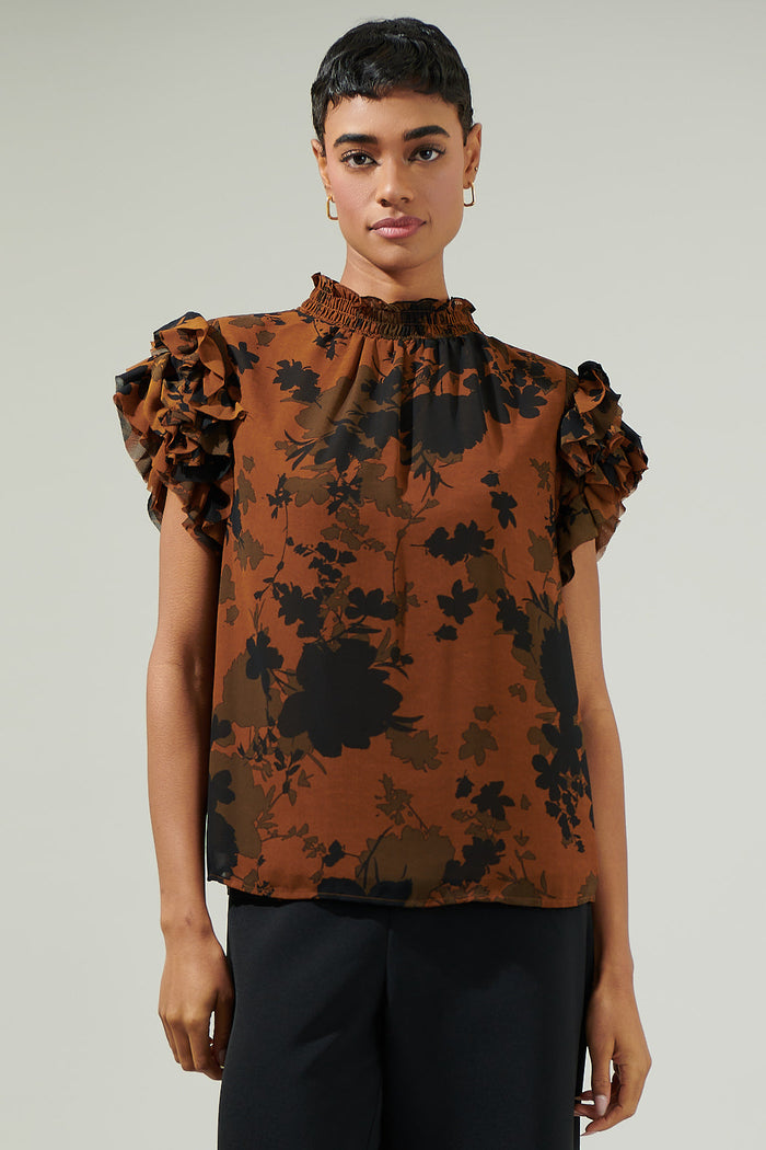 Sandy Floral Brenna Mock Neck Ruffle Blouse