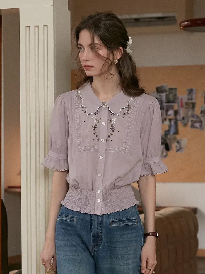 Sarahi Peter Pan Collar Embroidered Linen Blouse