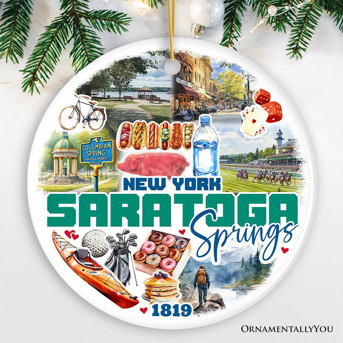 Saratoga Springs Christmas Ornament, New York Spa City and Health Resort Souvenir Ceramic Ornament OrnamentallyYou Circle Version 1