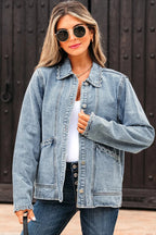 Scallop Trim Collar Patched Pocket Button Up Mineral Washed Denim Jacket – Myosotis