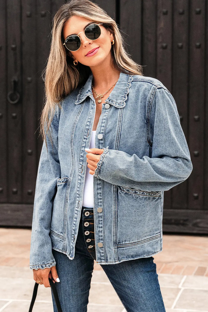 Scallop Trim Collar Patched Pocket Button Up Mineral Washed Denim Jacket – Myosotis