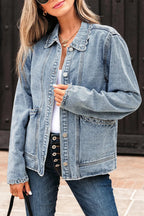 Scallop Trim Collar Patched Pocket Button Up Mineral Washed Denim Jacket – Myosotis