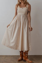 Scoop Neck Ribbed Pleated Sleeveless Midi Dress