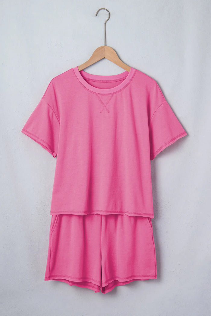 Seam Detail Raw Edge Tee Rainbow Waistband Casual Short Set