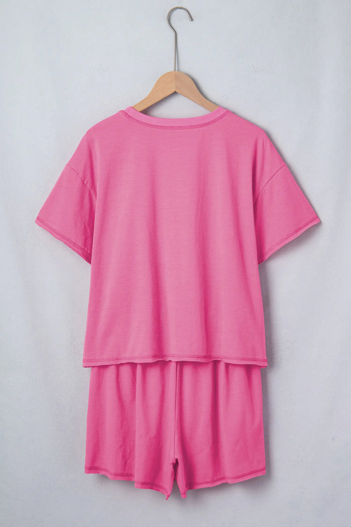 Seam Detail Raw Edge Tee Rainbow Waistband Casual Short Set