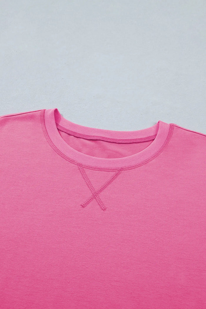 Seam Detail Raw Edge Tee Rainbow Waistband Casual Short Set
