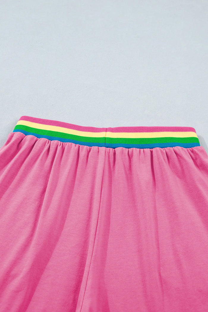 Seam Detail Raw Edge Tee Rainbow Waistband Casual Short Set