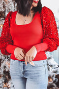 Sequin Sleeve Patchwork Ribbed Square Neck Sweater