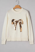Sequinned Bow Graphic Christmas Holiday Sweater - White / S - Sweaters & Cardigans/Sweaters