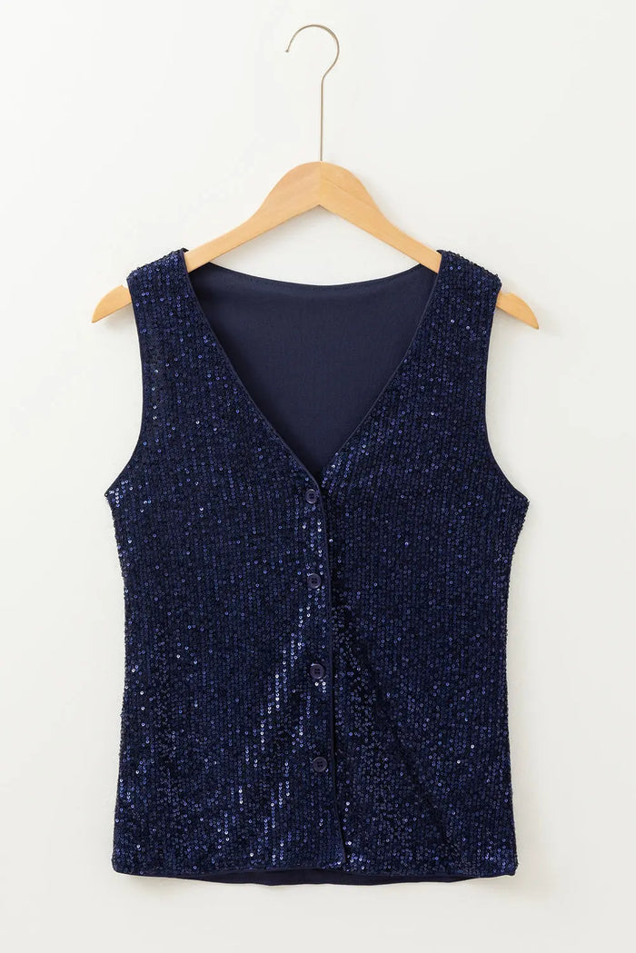 Sequinned Deep V-Neck Buttoned Tank Top - Occasionwear/party tops