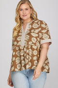 She + Sky Botanical Print Short Sleeve Top In Caramel PLUS Sizes