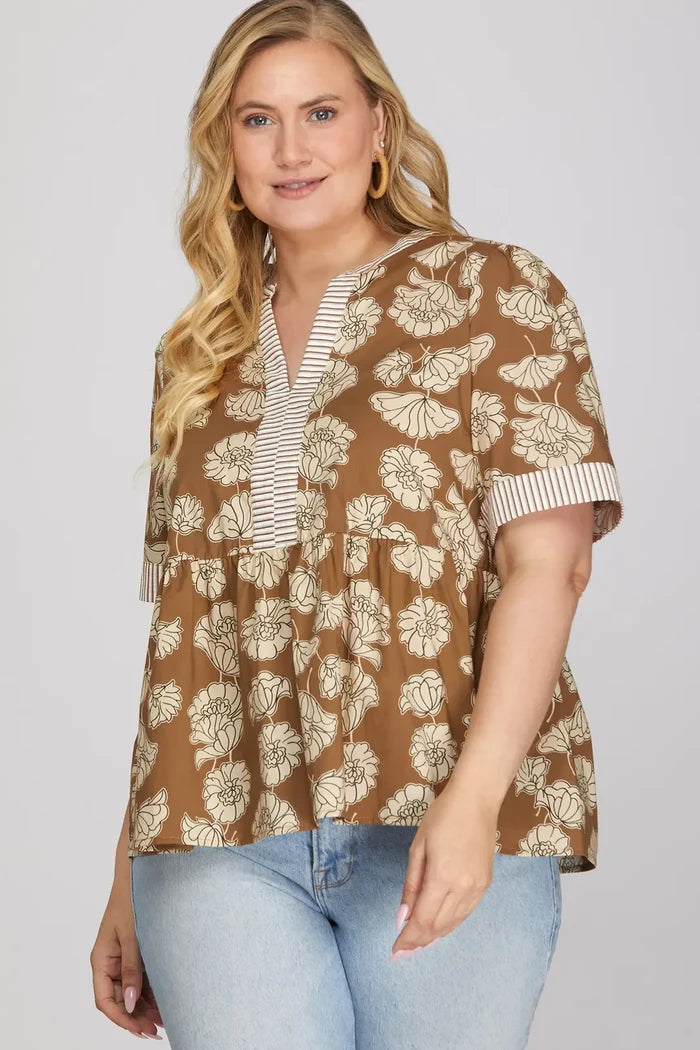 She + Sky Botanical Print Short Sleeve Top In Caramel PLUS Sizes