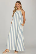 She + Sky Halter Neck With Woven Trim Stripe In Navy