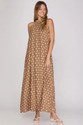 She + Sky Polka Dot Halter Maxi Dress In Taupe