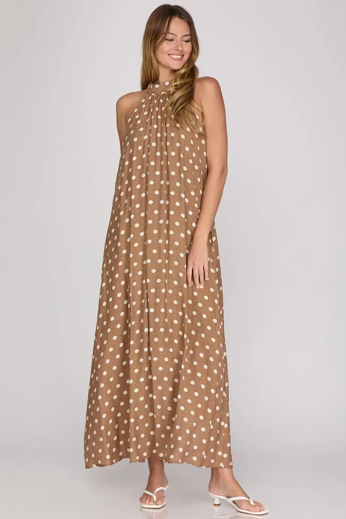 She + Sky Polka Dot Halter Maxi Dress In Taupe