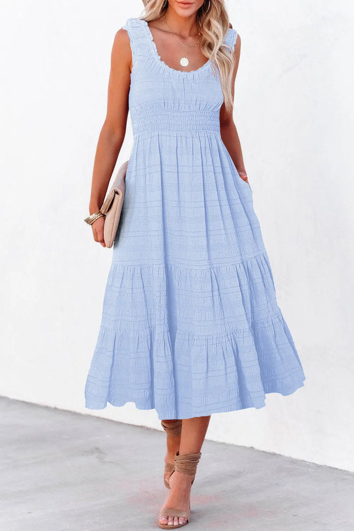 Shirred Pleated Square Neck Sleeveless Midi Dress