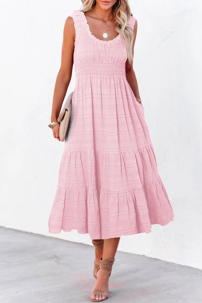 Shirred Pleated Square Neck Sleeveless Midi Dress