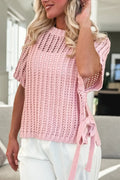 Side Tie Hollow-out Crochet Knit Top - Pink / S - Sweaters & Cardigans/Short Sleeve