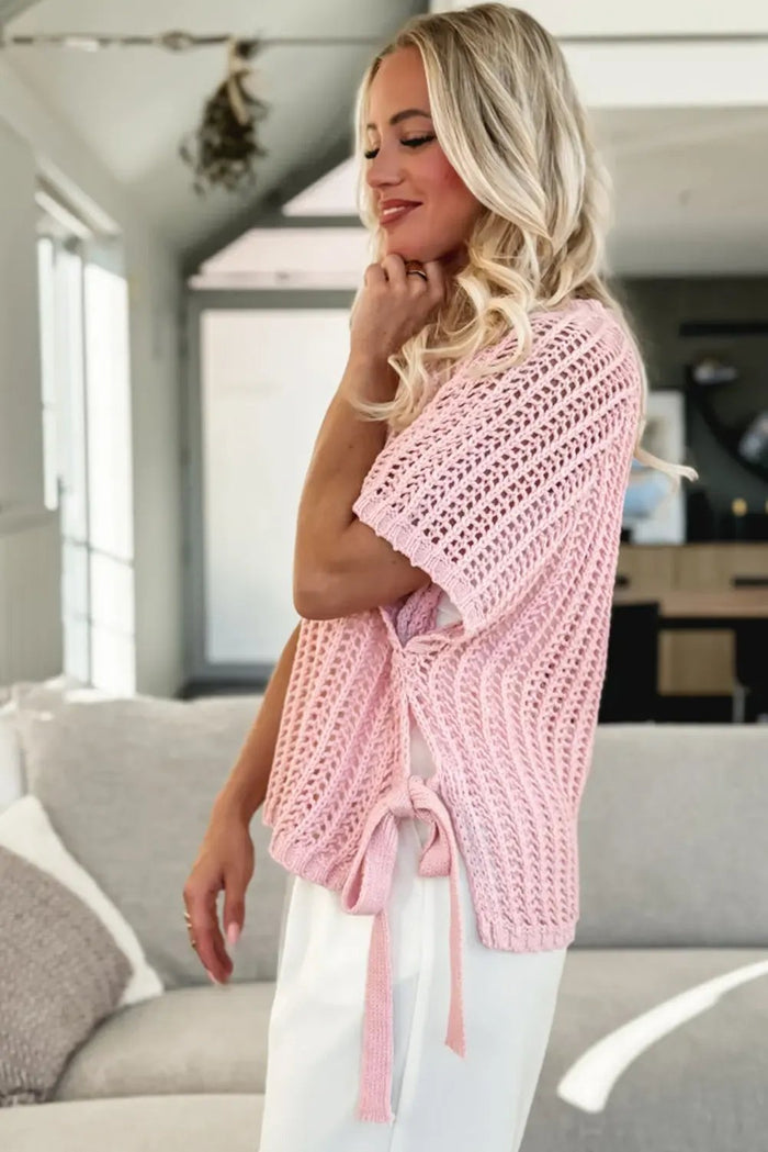 Side Tie Hollow-out Crochet Knit Top - Sweaters & Cardigans/Short Sleeve