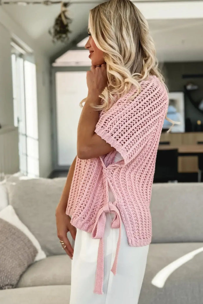 Side Tie Hollow-out Crochet Knit Top - Sweaters & Cardigans/Short Sleeve