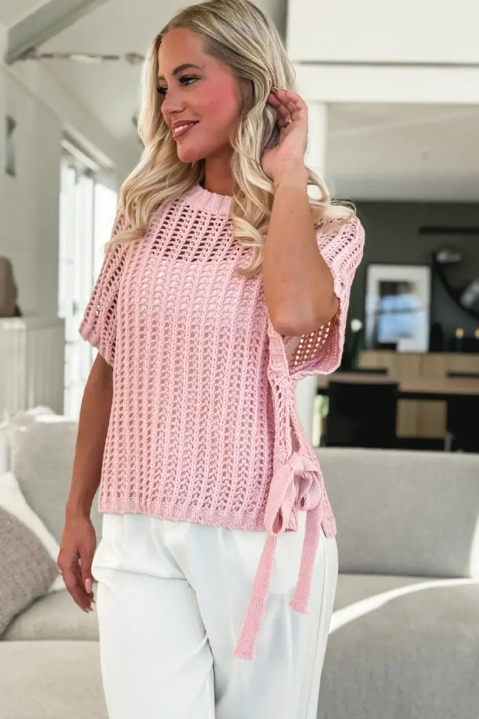 Side Tie Hollow-out Crochet Knit Top - Sweaters & Cardigans/Short Sleeve