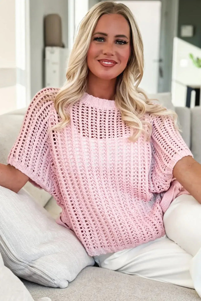 Side Tie Hollow-out Crochet Knit Top - Sweaters & Cardigans/Short Sleeve
