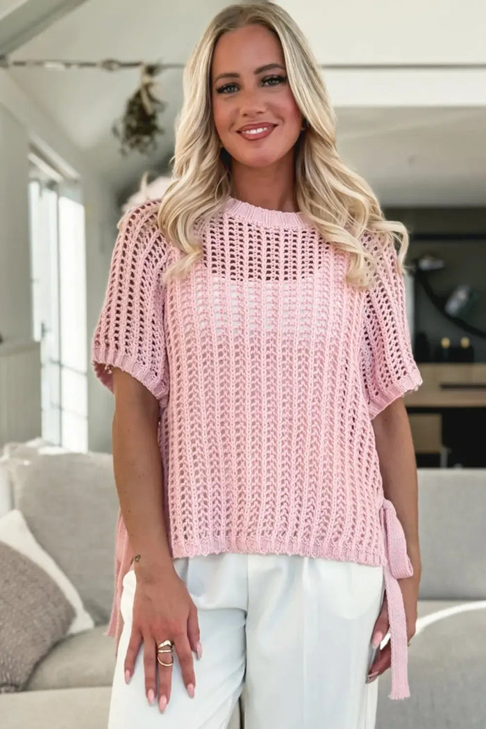 Side Tie Hollow-out Crochet Knit Top - Sweaters & Cardigans/Short Sleeve