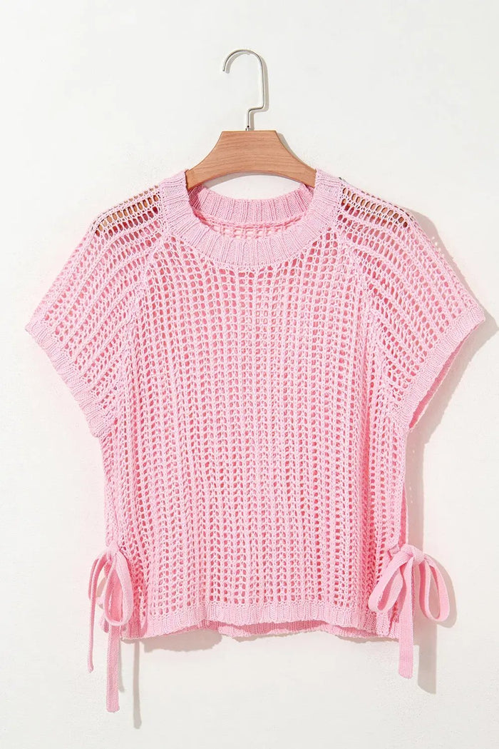 Side Tie Hollow-out Crochet Knit Top - Sweaters & Cardigans/Short Sleeve