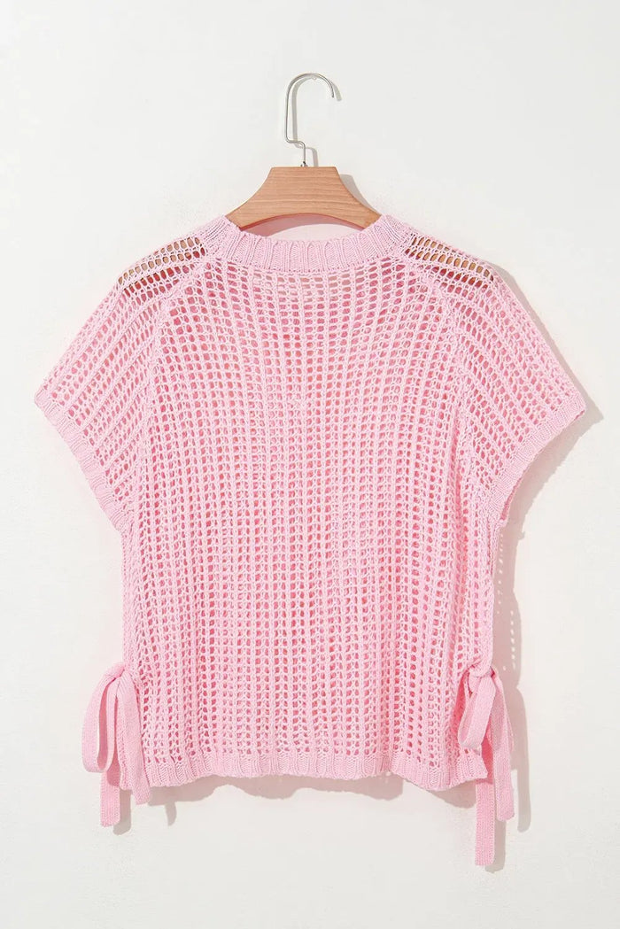 Side Tie Hollow-out Crochet Knit Top - Sweaters & Cardigans/Short Sleeve