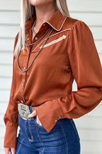 Silky Long Sleeve Button Front Western Fashion Shirt – Cinnamon