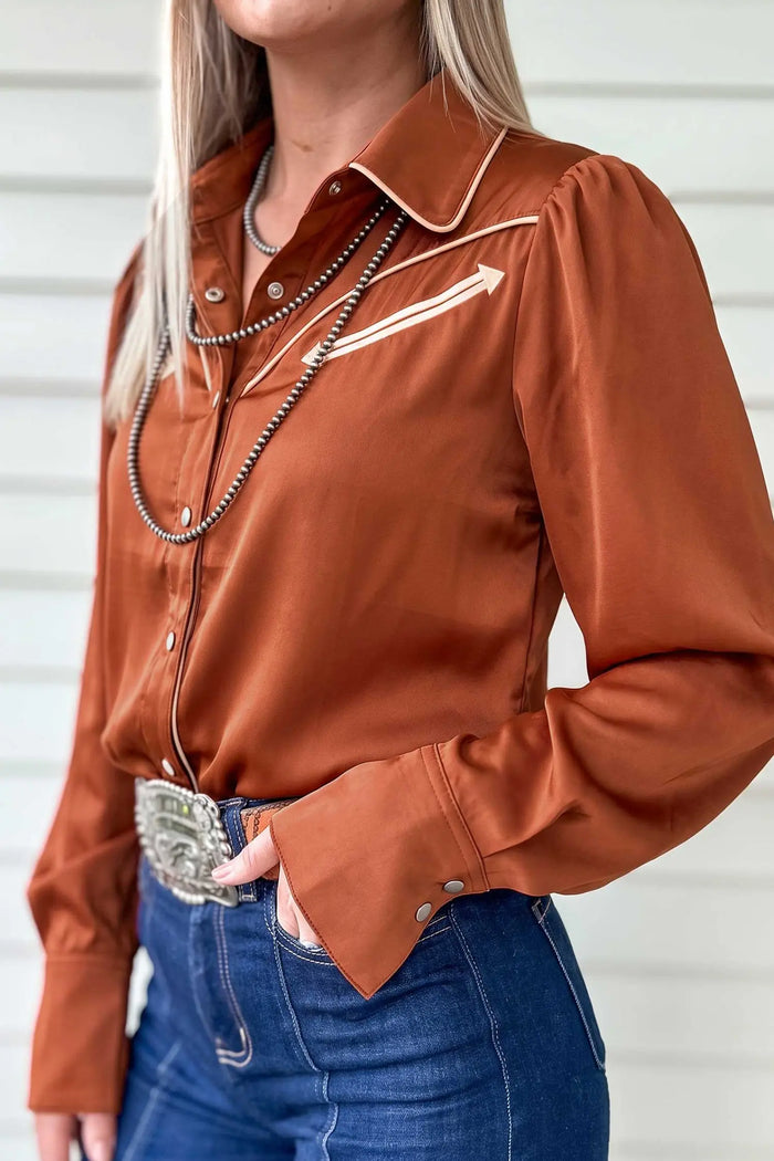 Silky Long Sleeve Button Front Western Fashion Shirt – Cinnamon
