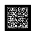 This black Plague Vendor bandana features white skulls, faces, bones, and bone patterns, with "PLAGUE VENDOR" bordering the design.
