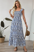 Sky Blue Boho Print Smocked Maxi Dress - S / 89% Viscose + 11% Polyamide - Dresses/Maxi Dresses