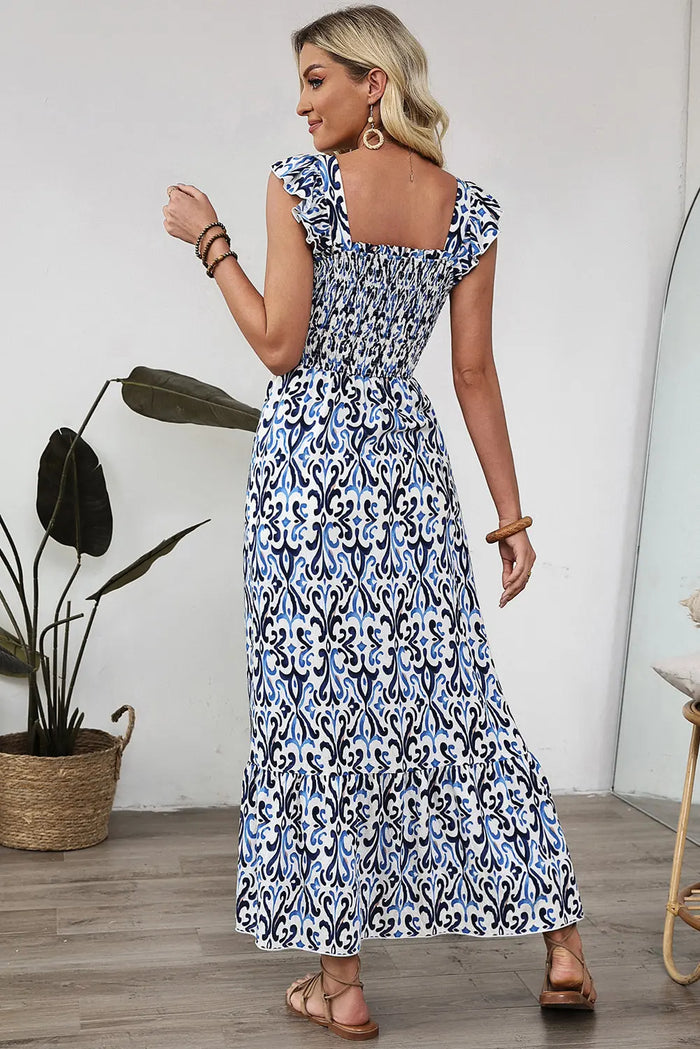 Sky Blue Boho Print Smocked Maxi Dress - Dresses/Maxi Dresses