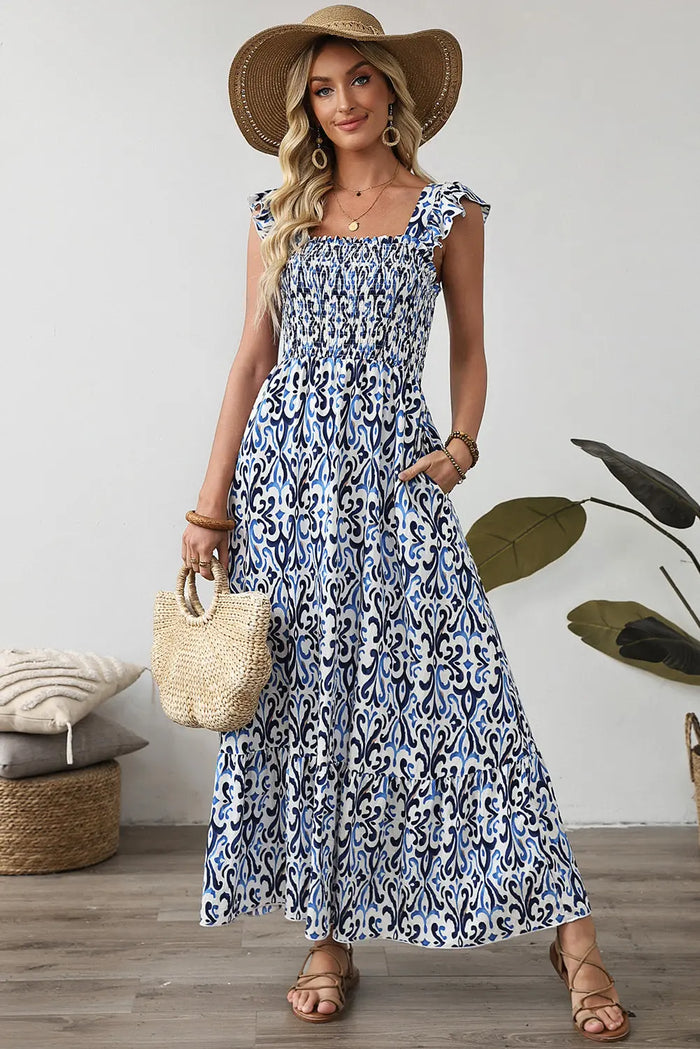 Sky Blue Boho Print Smocked Maxi Dress - Dresses/Maxi Dresses