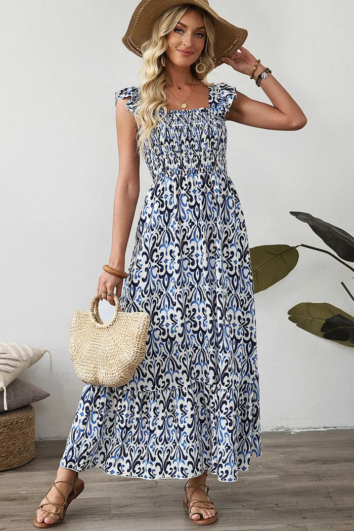 Sky Blue Boho Print Smocked Maxi Dress - Dresses/Maxi Dresses