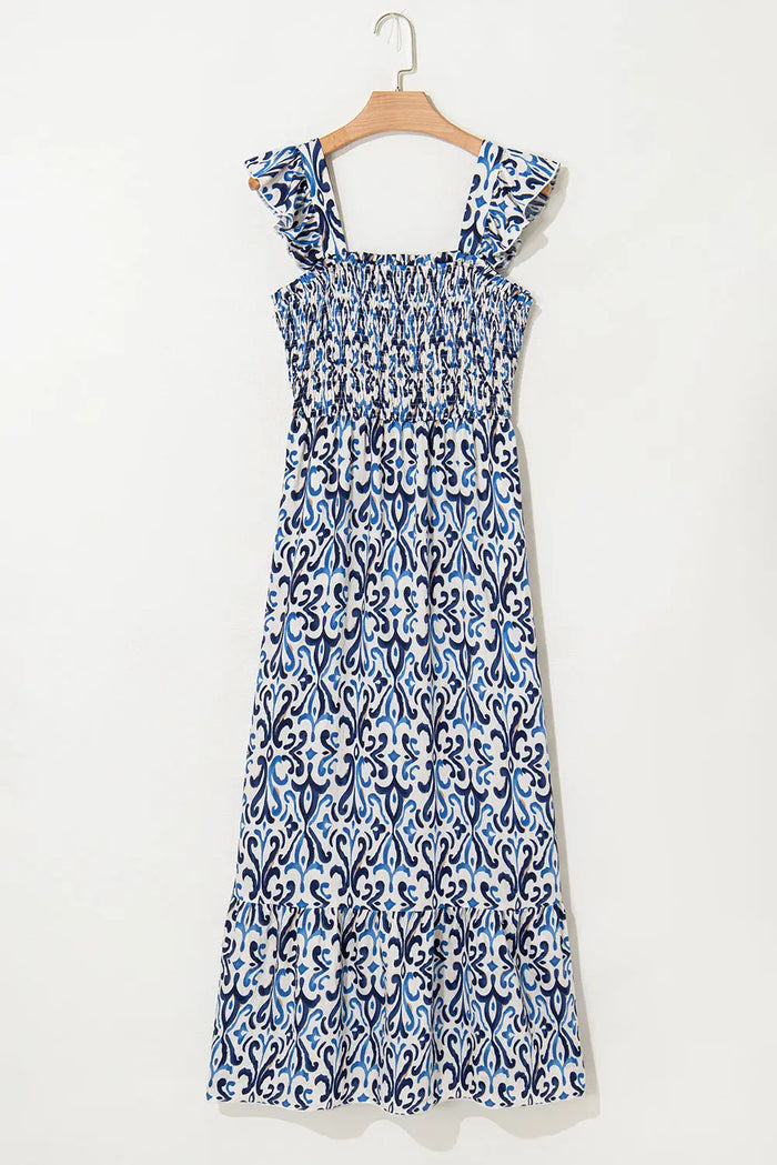 Sky Blue Boho Print Smocked Maxi Dress - Dresses/Maxi Dresses