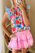 Sky Blue Floral Mock Neck Striped Flutter Sleeve Blouse - S / 100% Polyester - Tops/Blouses & Shirts
