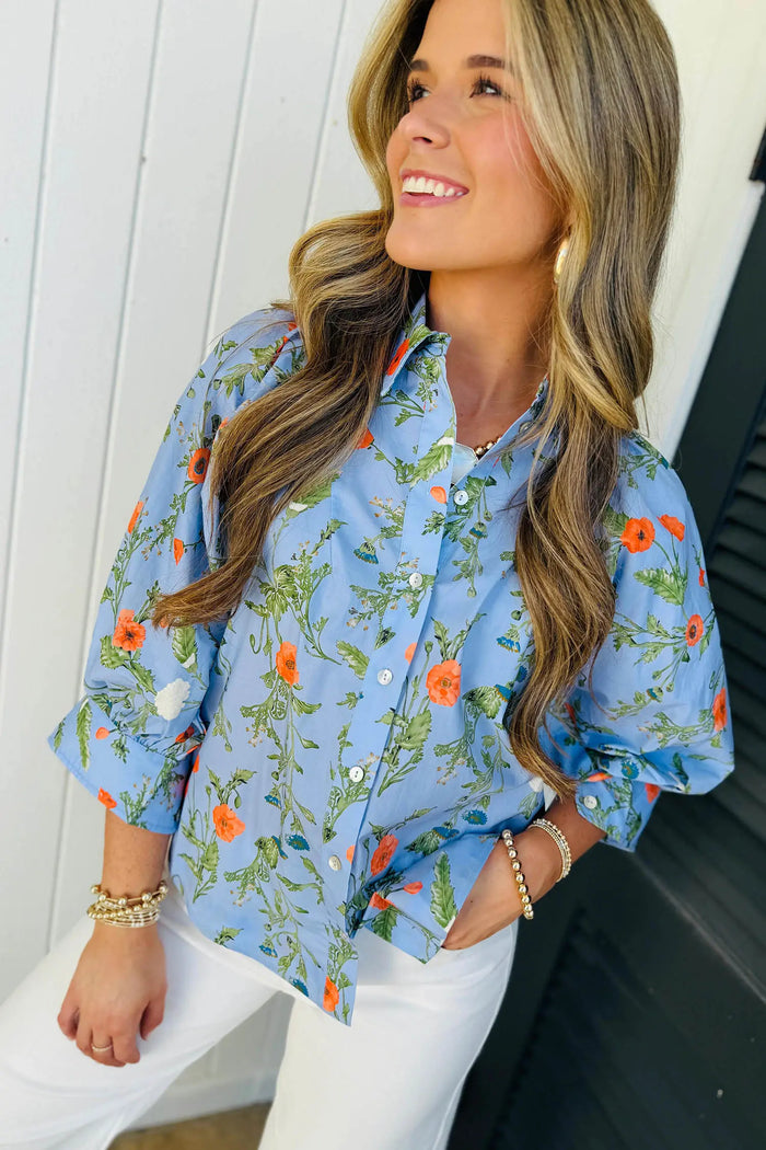Sky Blue Floral Print Bracelet Sleeve Button Down Casual Shirt – Light Blue