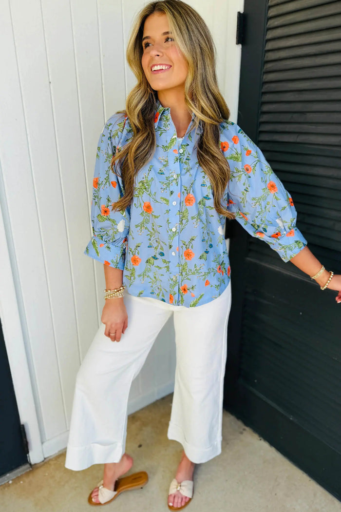 Sky Blue Floral Print Bracelet Sleeve Button Down Casual Shirt – Light Blue