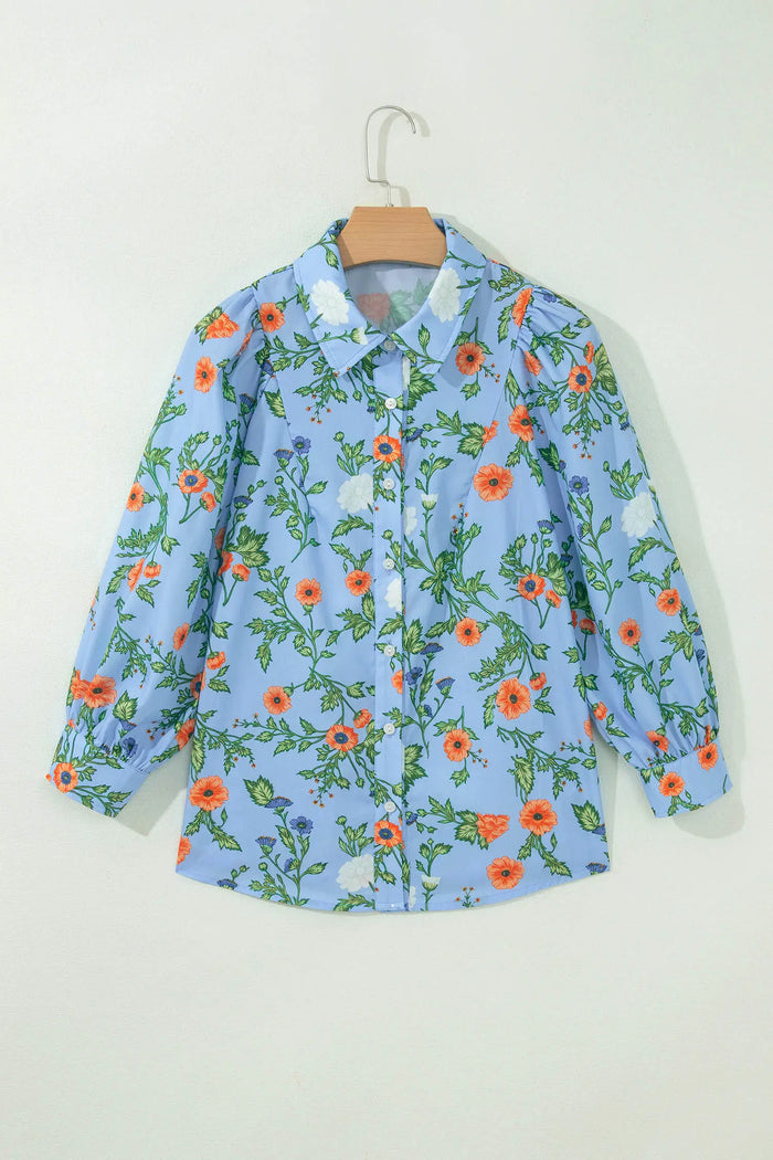 Sky Blue Floral Print Bracelet Sleeve Button Down Casual Shirt – Light Blue