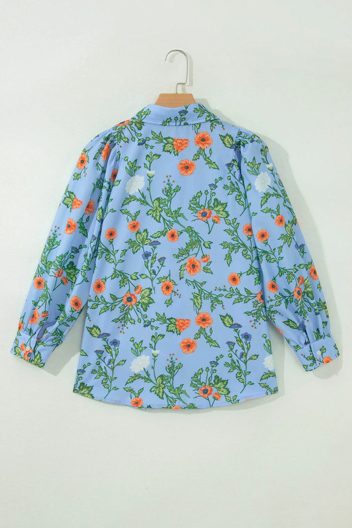 Sky Blue Floral Print Bracelet Sleeve Button Down Casual Shirt – Light Blue