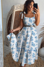 Sky Blue Floral Print Shirred Knot Shoulder Sleeveless Long Dress - Dresses/Maxi Dresses