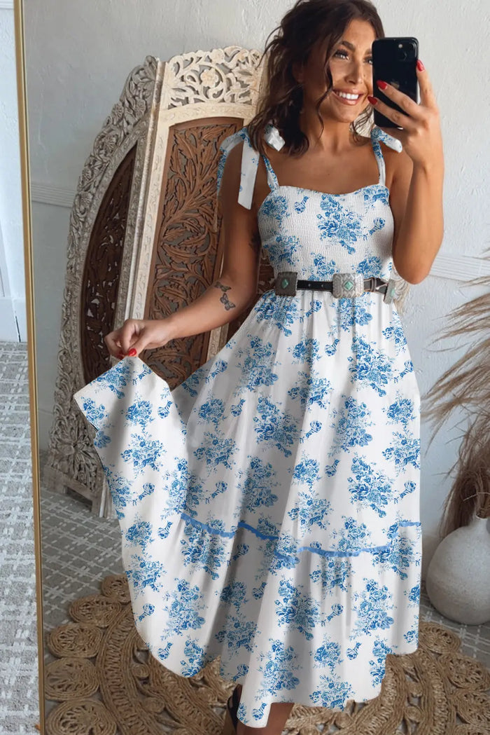 Sky Blue Floral Print Shirred Knot Shoulder Sleeveless Long Dress - Dresses/Maxi Dresses