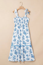 Sky Blue Floral Print Shirred Knot Shoulder Sleeveless Long Dress - Dresses/Maxi Dresses