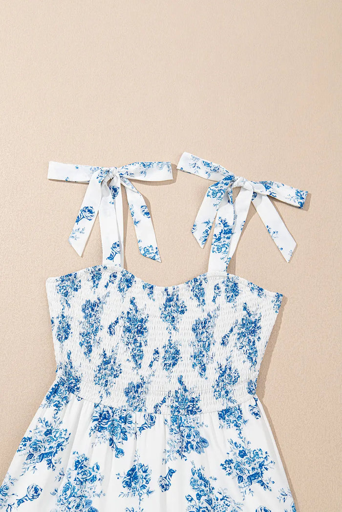 Sky Blue Floral Print Shirred Knot Shoulder Sleeveless Long Dress - Dresses/Maxi Dresses