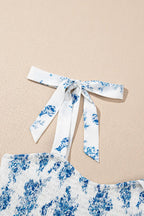 Sky Blue Floral Print Shirred Knot Shoulder Sleeveless Long Dress - Dresses/Maxi Dresses