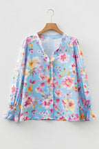 Sky Blue Floral Smocked Cuff Flounce Sleeve V-Neck Blouse - Tops/Blouses & Shirts