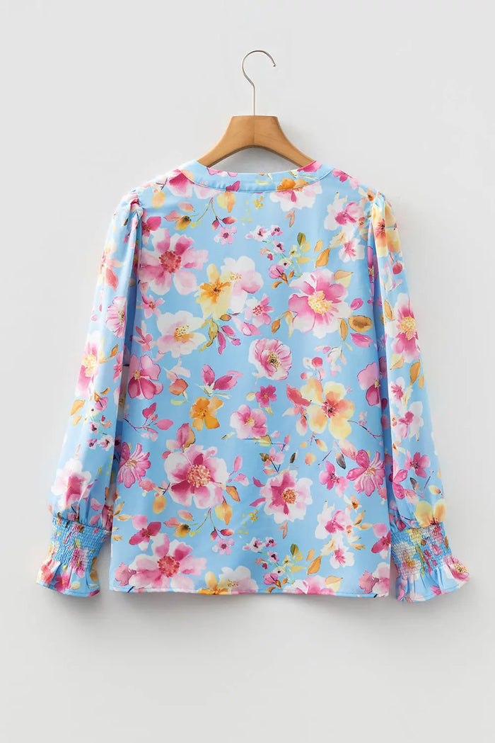 Sky Blue Floral Smocked Cuff Flounce Sleeve V-Neck Blouse - Tops/Blouses & Shirts