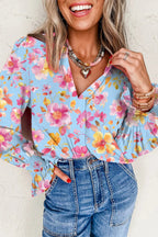 Sky Blue Floral Smocked Cuff Flounce Sleeve V-Neck Blouse - S - Tops/Blouses & Shirts